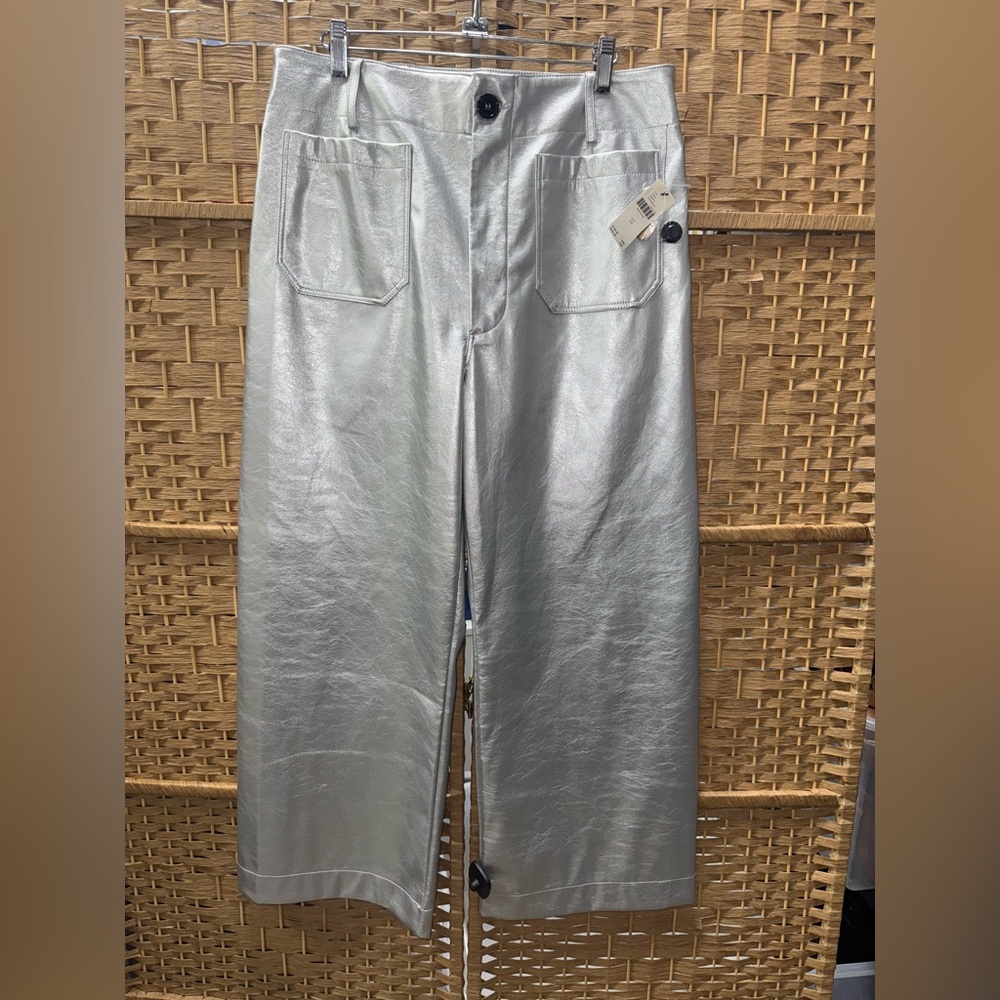New Anthropologie The Colette Cropped Wide Leg Pants Maeve Faux Leather Silver - Picture 4 of 5